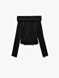 Omzu Açık Slim Fit Viskon Karışımlı Kaşkorse Uzun Kollu Tişört