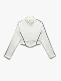 Şerit Detaylı Dik Yaka Üç İplik Şardonlu Fermuarlı Crop Sweatshirt
