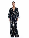 Bağlama Detaylı 3/4 Kol Palmiye Baskılı Viskon Kimono