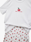 Kısa Kollu Bisiklet Yaka Kiraz Desenli Pijama Takımı
