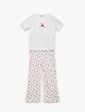 Kısa Kollu Bisiklet Yaka Kiraz Desenli Pijama Takımı