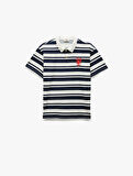 Pamuklu Çizgili Nakış Detaylı Kısa Kollu Polo Yaka Tişört