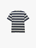 Pamuklu Çizgili Nakış Detaylı Kısa Kollu Polo Yaka Tişört