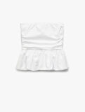 Straplez Yaka Volanlı Pamuklu Crop Bluz
