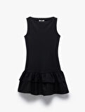 Slim Fit Kat Kat Fırfırlı Volanlı Kayık Yaka Kolsuz Mini Elbise
