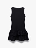 Slim Fit Kat Kat Fırfırlı Volanlı Kayık Yaka Kolsuz Mini Elbise