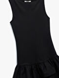 Slim Fit Kat Kat Fırfırlı Volanlı Kayık Yaka Kolsuz Mini Elbise