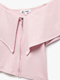 Viskon Dar Kesim Omzu Açık Yaka Detaylı Kısa Kollu Fermuarlı Tişört