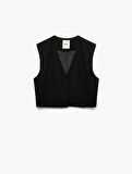 Düğmeli V Yaka Kolsuz Crop Blazer Yelek
