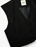 Düğmeli V Yaka Kolsuz Crop Blazer Yelek