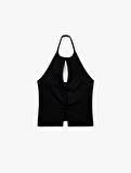 Krep Scuba Kumaş Pencere Detaylı Fiyonklu Halter Yaka Bluz