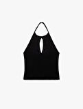 Krep Scuba Kumaş Pencere Detaylı Fiyonklu Halter Yaka Bluz