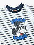Kısa Kollu Bisiklet Yaka Pamuklu Çizgili Lisanslı Mickey Mouse Tişört