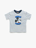 Kısa Kollu Bisiklet Yaka Pamuklu Çizgili Lisanslı Mickey Mouse Tişört