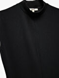 Krep Scuba Kumaş Slim Fit Hafif Dik Yaka Kolsuz Midi Boy Elbise