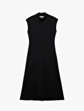 Krep Scuba Kumaş Slim Fit Hafif Dik Yaka Kolsuz Midi Boy Elbise