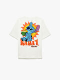 Stitch Lisanslı Arkası Baskılı Kısa Kollu Bisiklet Yaka Pamuklu Oversize Tişört