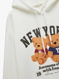 Ayı Baskılı Şardonlu Kapüşonlu Oversize Sweatshirt