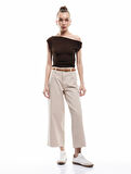 Düğmeli Kesik Geniş Paça Kemerli Pantolon - Wide Leg Jeans