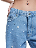 Normal Bel Düğmeli Taş Detaylı Jean Pantolon - Straight Fit Jean