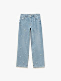 Normal Bel Düğmeli Taş Detaylı Jean Pantolon - Straight Fit Jean