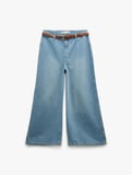 Crop Geniş Paça Düğmeli Kemer Detaylı Jean Pantolon - Wide Leg Jeans