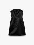 Straplez Yaka Cep Detaylı Saten Bodycon Kolsuz Dar Kesim Mini Abiye Elbise