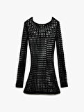 Slim Fit Uzun Kollu Bisiklet Yaka Mini Kroşe File Plaj Elbisesi