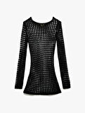 Slim Fit Uzun Kollu Bisiklet Yaka Mini Kroşe File Plaj Elbisesi