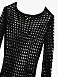 Slim Fit Uzun Kollu Bisiklet Yaka Mini Kroşe File Plaj Elbisesi