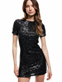 Kısa Kollu Bisiklet Yaka Slim Fit Pullu Payetli Mini Elbise