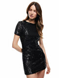 Kısa Kollu Bisiklet Yaka Slim Fit Pullu Payetli Mini Elbise