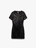 Kısa Kollu Bisiklet Yaka Slim Fit Pullu Payetli Mini Elbise