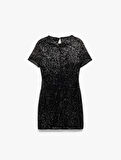 Kısa Kollu Bisiklet Yaka Slim Fit Pullu Payetli Mini Elbise
