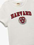 Lisanslı Harvard Baskılı Bisiklet Yaka Kısa Kollu Pamuklu Crop Tişört