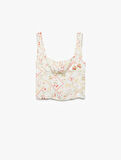Viskon Meyve Baskılı Floral Kare Yaka Crop Bluz