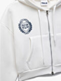 Yale Lisanslı Baskılı Fermuarlı Cepli Şardonlu Kapüşonlu Crop Sweatshirt