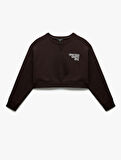 Baskılı Uzun Kollu Bisiklet Yaka Şardonlu Oversize Crop Sweatshirt