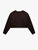 Baskılı Uzun Kollu Bisiklet Yaka Şardonlu Oversize Crop Sweatshirt