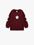 Pamuklu Bisiklet Yaka Şardonlu Pullu Yıldız İşlemeli Sweatshirt