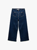 Yüksek Bel Rahat Kalıp Cepli Kısa Denim Pantolon  -  Culotte Jeans