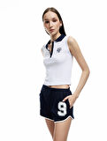 Biyeli Slim Fit Kolej Baskılı Mini Şort
