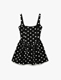 Kare Yaka Kolsuz Slim Fit Volanlı Puantiyeli Mini Abiye Elbise