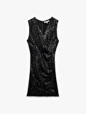 Kruvaze Yaka Kolsuz Pullu Payetli Bodycon Mini Abiye Elbise