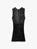 Kruvaze Yaka Kolsuz Pullu Payetli Bodycon Mini Abiye Elbise