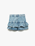 Pamuklu Fırfır Detaylı Katlı Cepli Mini Denim Etek