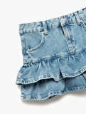 Pamuklu Fırfır Detaylı Katlı Cepli Mini Denim Etek