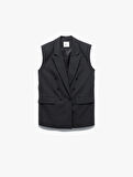 Astarlı Cepli Kruvaze Düğmeli Kolsuz Uzun Blazer Yelek