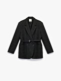 Uzun Kollu Cepli Kruvaze Kemerli Ekose Blazer Ceket