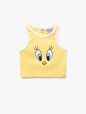 Tweety Lisanslı Pamuklu Slim Fit Bisiklet Yaka Baskılı Crop Atlet